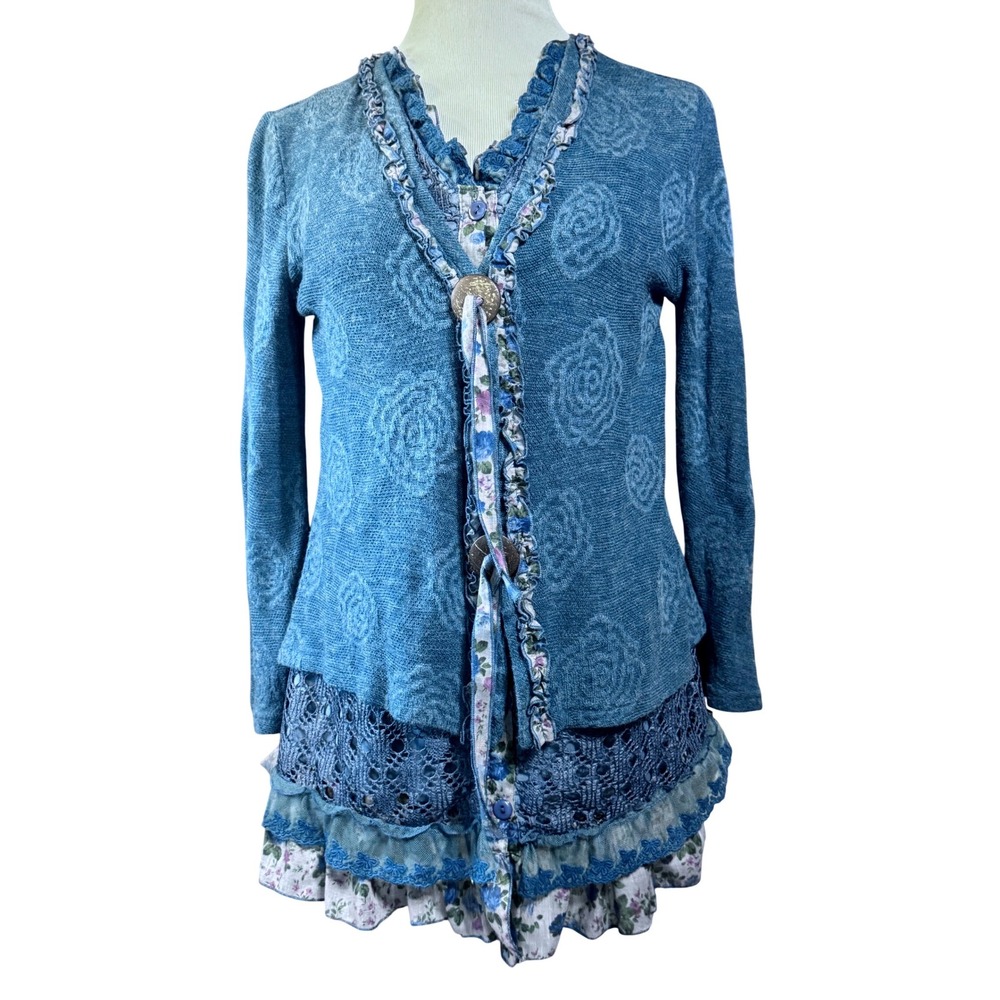 Pretty Angel Tunic Cardigan dress Womens Medium Linen Lace Floral Blue Boho